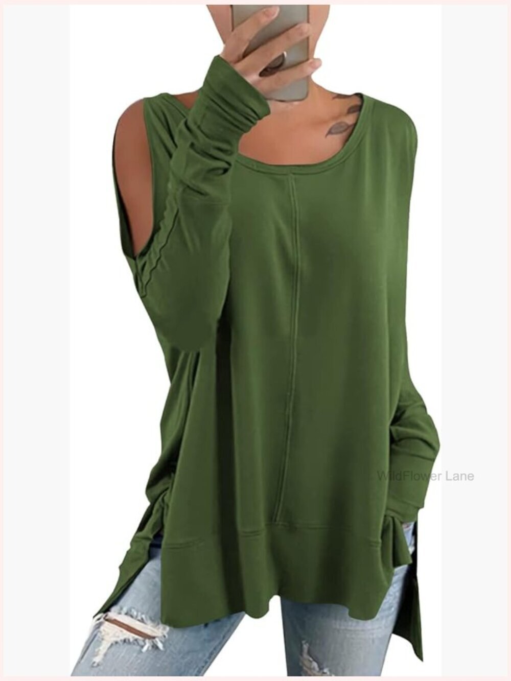 Cold Shoulder Long Sleeve Crew Neck Side Split Pullover Top Sweatshirt